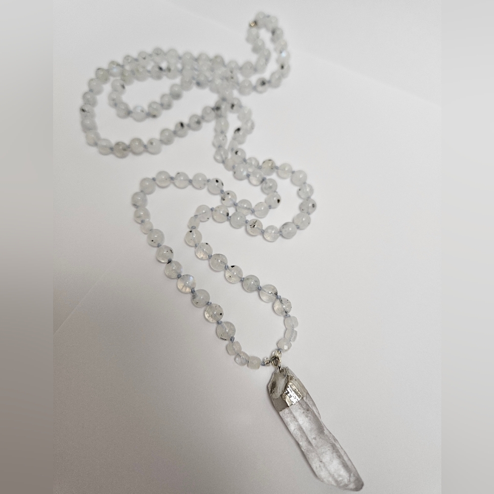 Moonstone & Laser Quartz Hand Knotted 108 mala bead necklace